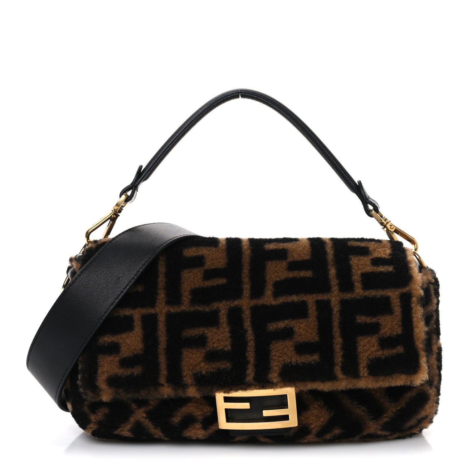 Fendi Shearling Vitello Dolce Macro FF 1974 Baguette Tobacco Black 1 of 10