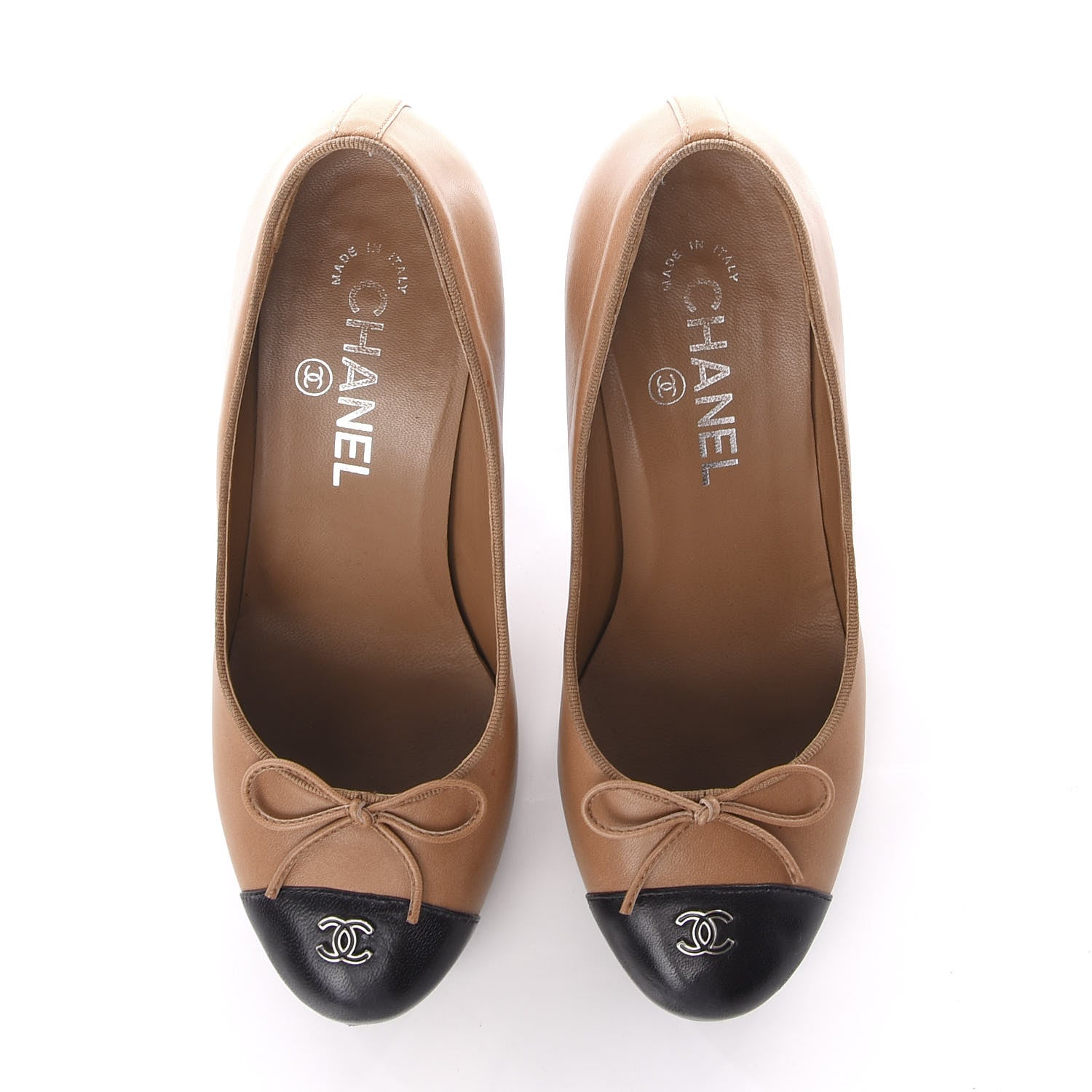 Chanel Lambskin Bow Cap Toe CC Pumps 37 Beige Black 5 of 11