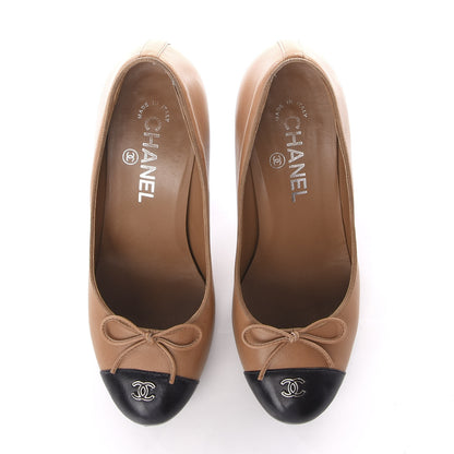 Chanel Lambskin Bow Cap Toe CC Pumps 37 Beige Black 5 of 11