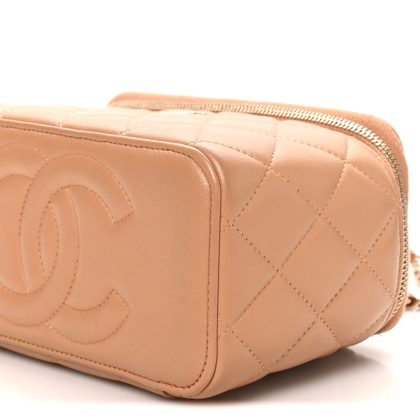 Lambskin Quilted Small Top Handle Vanity Case With Chain Beige