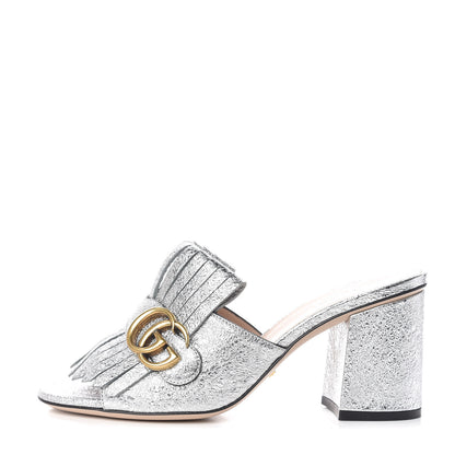 Gucci Galassia GG Marmont Fringe 75mm Slide Sandals 37.5 Argento 1 of 8