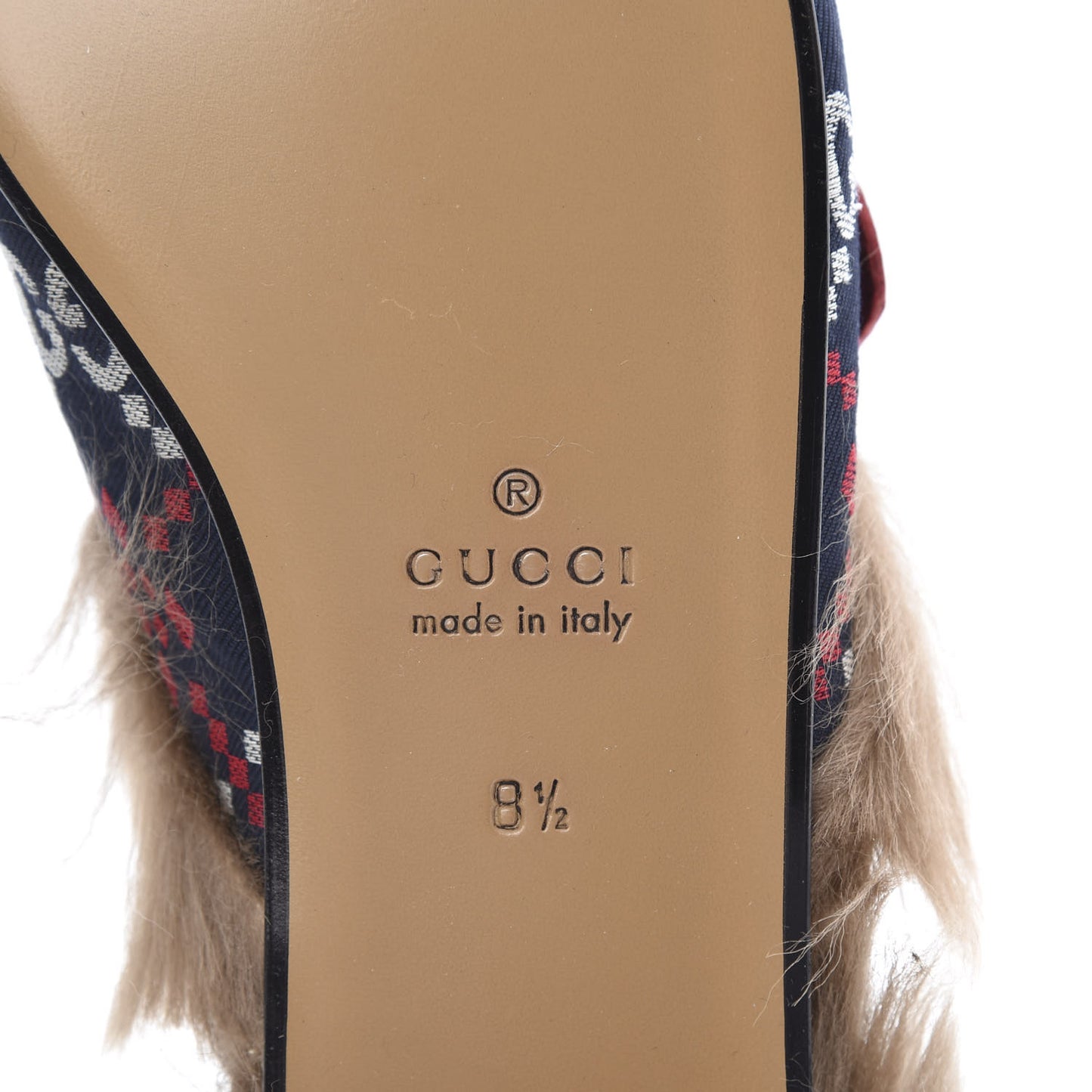 Canvas GG Monogram Diamond Fur Web GG Mens Princetown Slippers 8.5 Midnight Blue Hibiscus Red