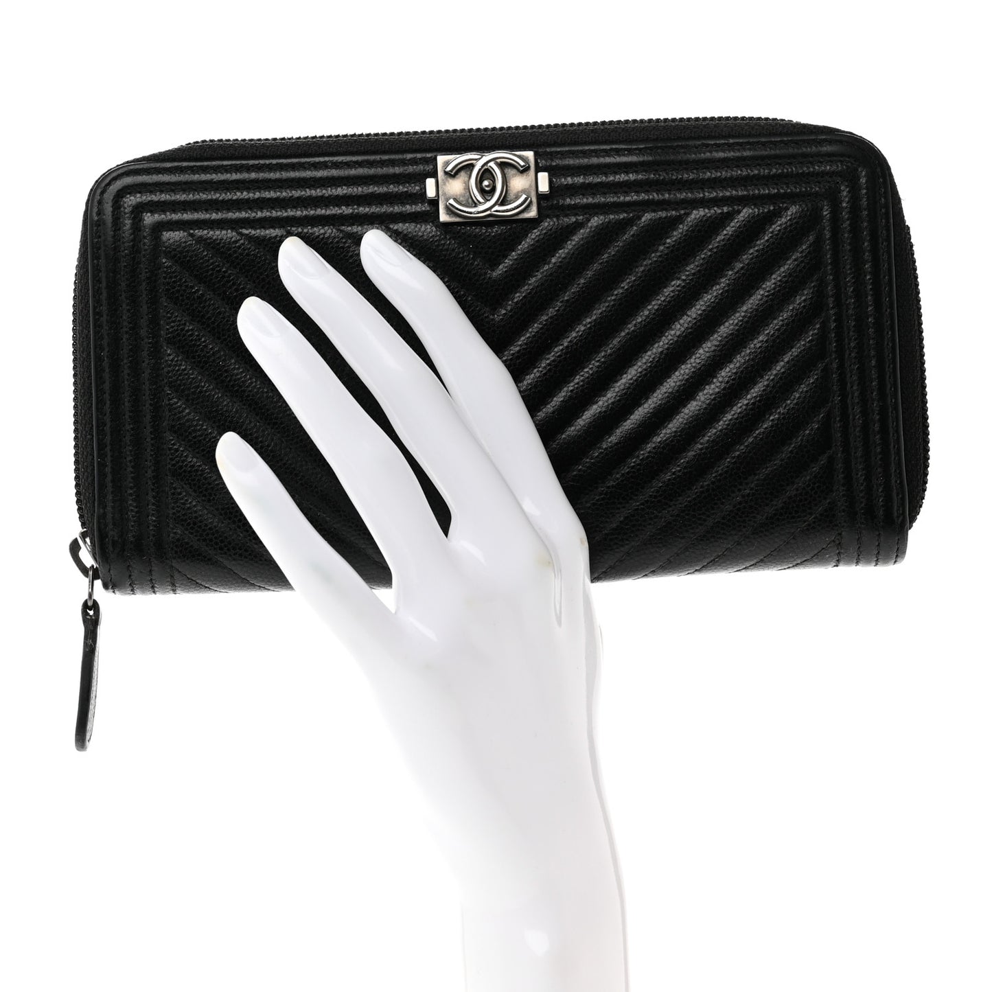 Caviar Chevron Quilted Zip Around Boy Wallet Black