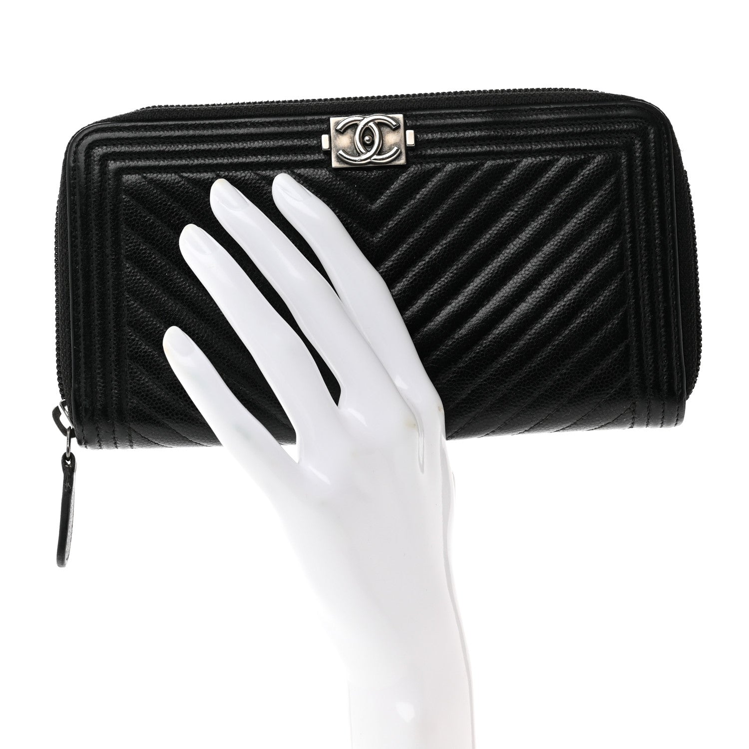 Chanel Caviar Chevron Quilted Zip Around Boy Wallet Black 2 of 11