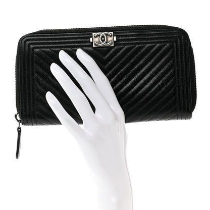 Chanel Caviar Chevron Quilted Zip Around Boy Wallet Black 2 of 11