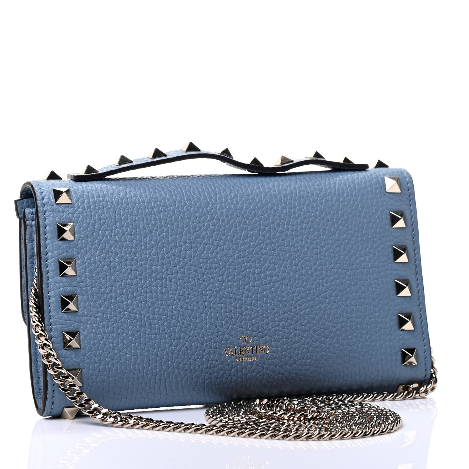 Valentino Garavani Pebbled Calfskin Rockstud Flip Lock Wallet On Chain Niagara 2 of 4