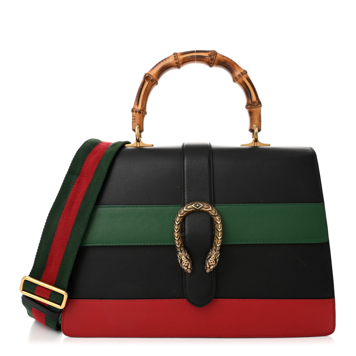 Gucci Calfskin Bamboo Web Large Dionysus Top Handle Bag Black Bright Evergreen Hibiscus Red 1 of 12