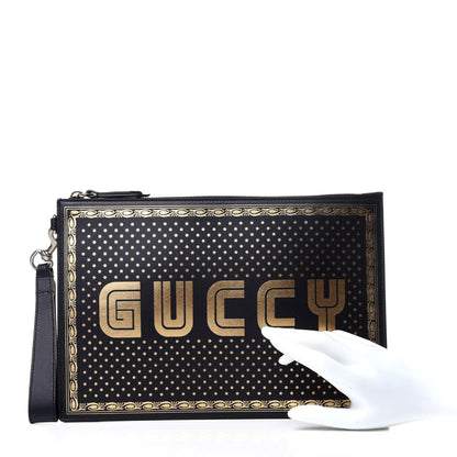 Gucci X SEGA Calfskin GUCCY Stars Zip Wristlet Pouch Black Gold 2 of 11