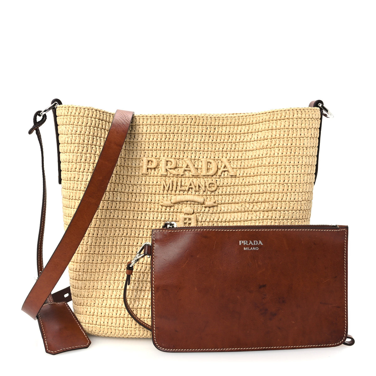 Prada Crochet Vitello Secchiello Bucket Bag Naturale Brandy 3 of 12