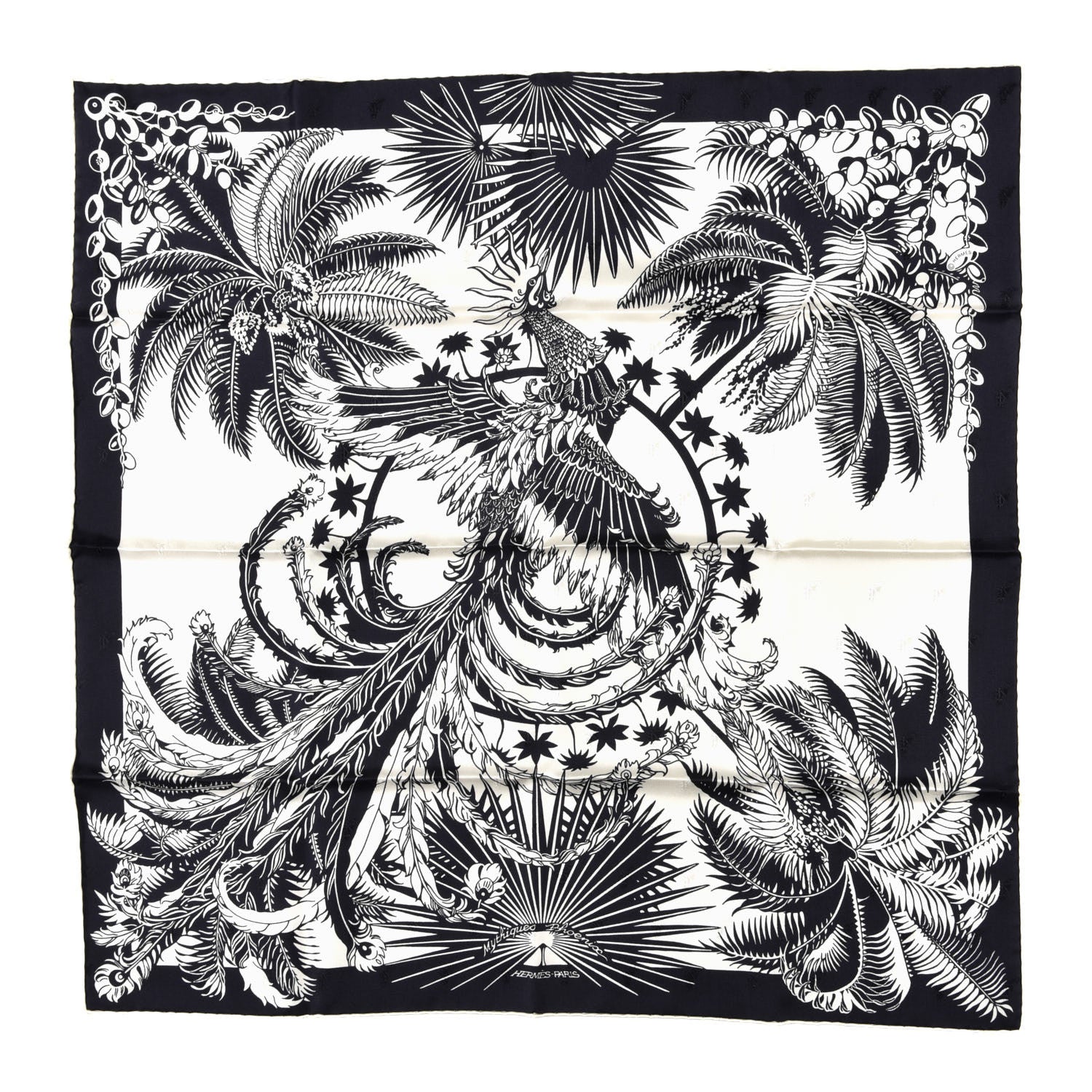 Hermes Silk Mythiques Phoenix Tattoo Scarf 70 Bleu Black White 1 of 4
