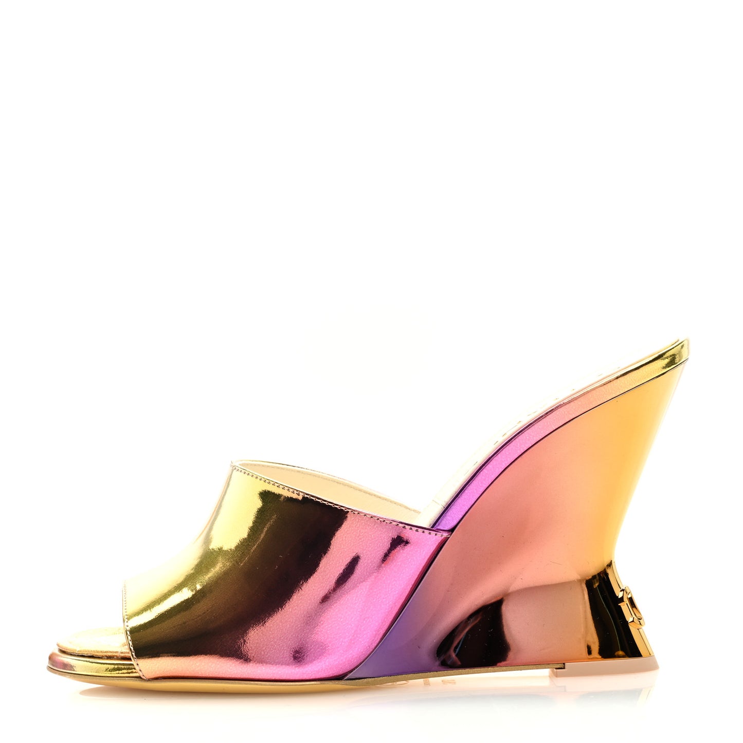 Laminated Calfskin Wedge Mules 37.5 Pink Orange Yellow