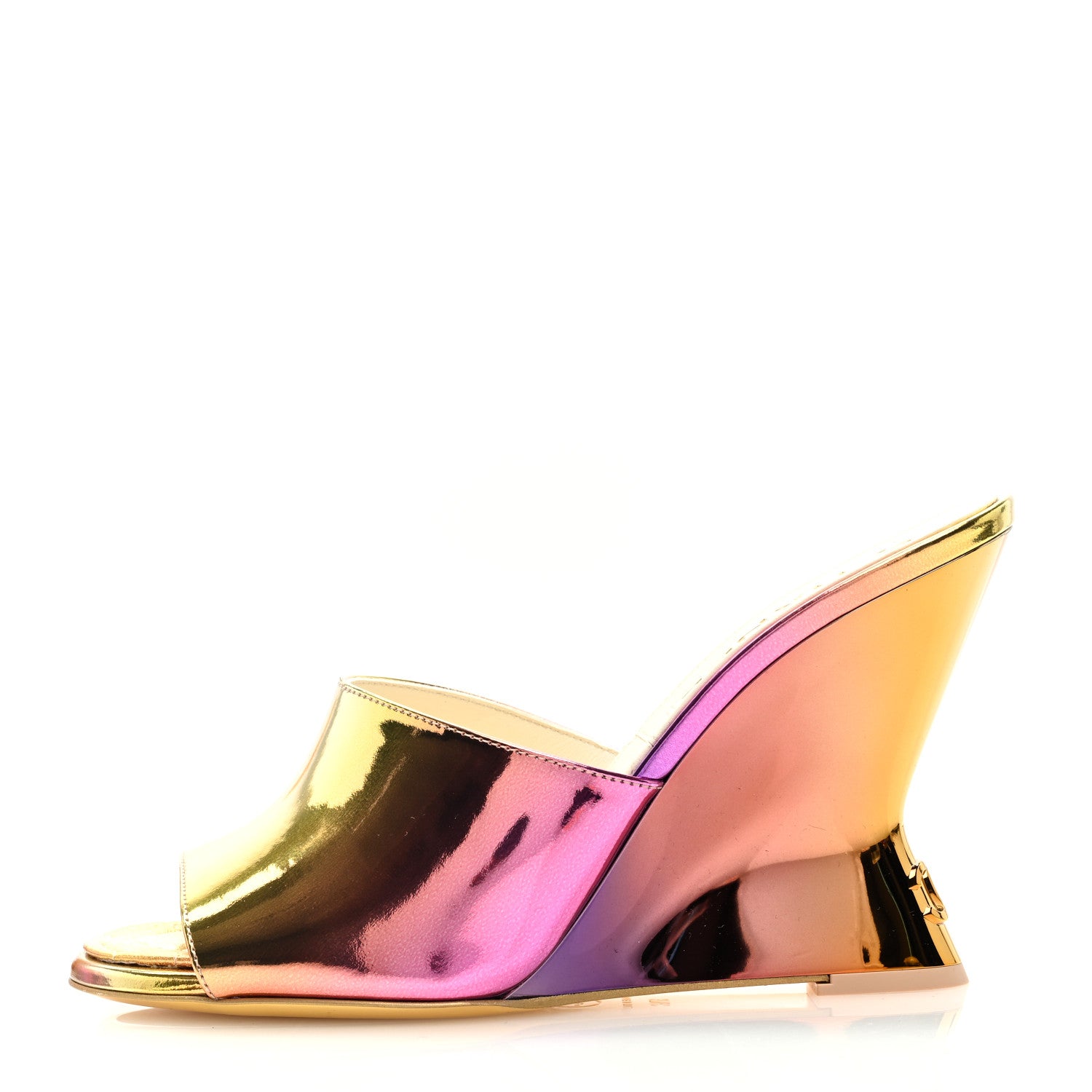 Chanel Laminated Calfskin Wedge Mules 37.5 Pink Orange Yellow 1 of 6