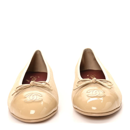 Chanel Suede Patent Calfskin Cap Toe CC Ballerina Flats 39.5 Beige 3 of 9