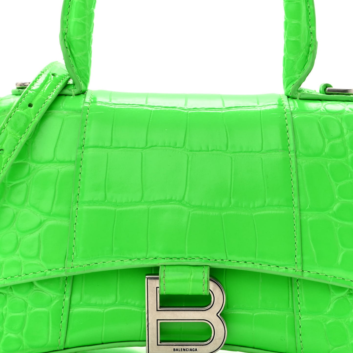 Shiny Calfskin Crocodile Embossed Hourglass Top Handle Bag XS Fluo Green