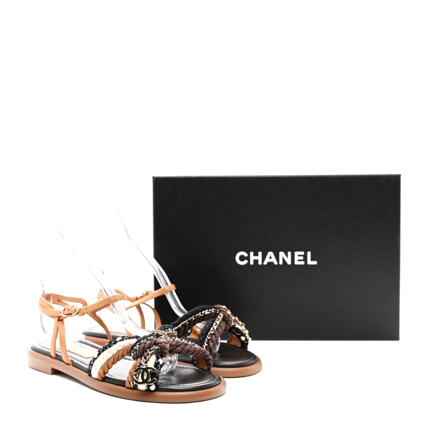 Lambskin Cord Chain CC Sandals 36.5 Brown Black Ivory