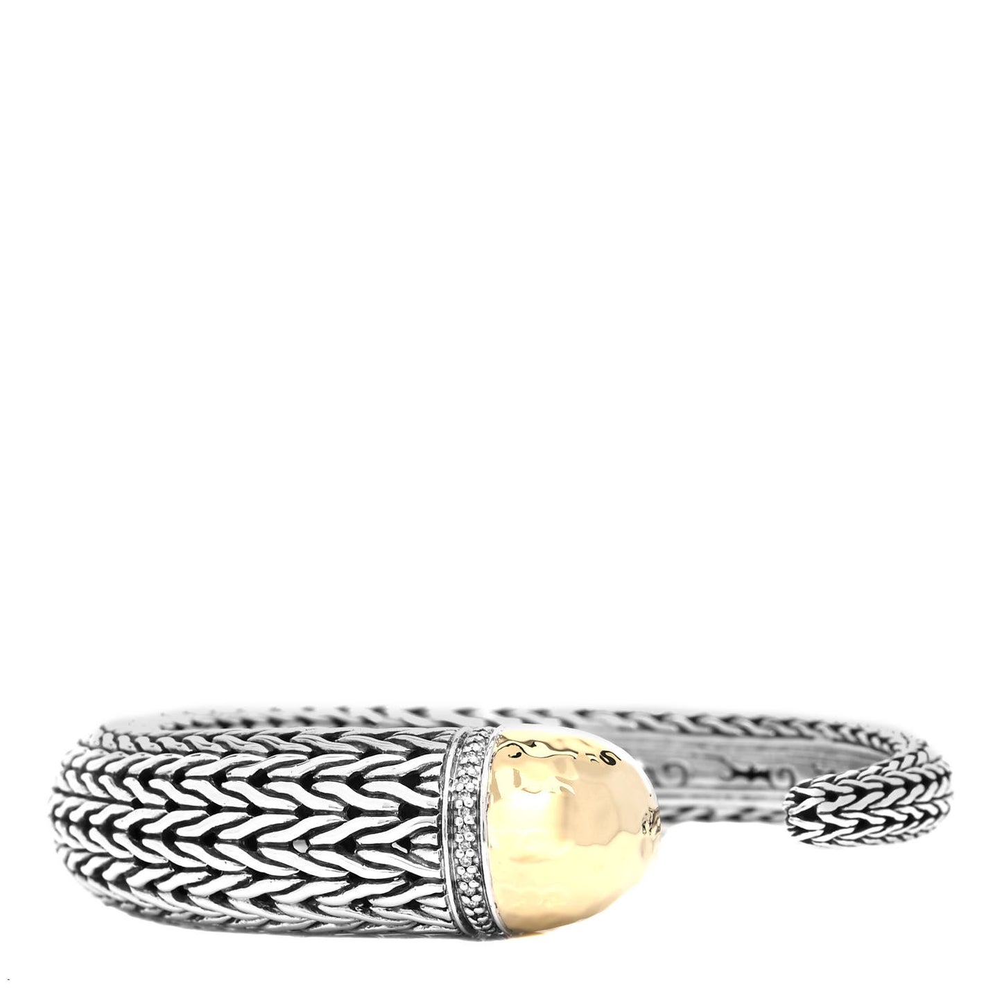 Sterling Silver 18K Yellow Gold Diamond 17mm Classic Chain Hammered Kick Cuff Bracelet