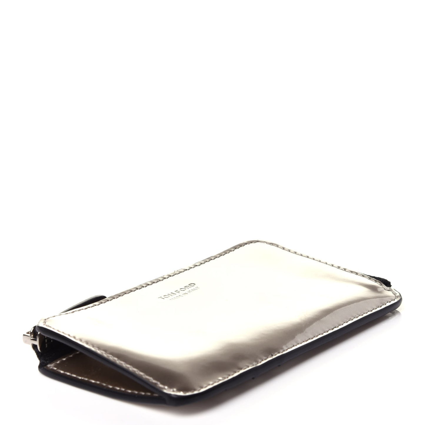Metallic Calfskin Zip Card Holder Wallet Silver