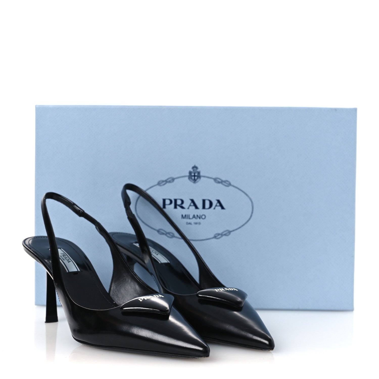 Prada Spazzolato Triangle Logo Pointed Toe 75mm Slingback Pumps 36.5 Black 10 of 10