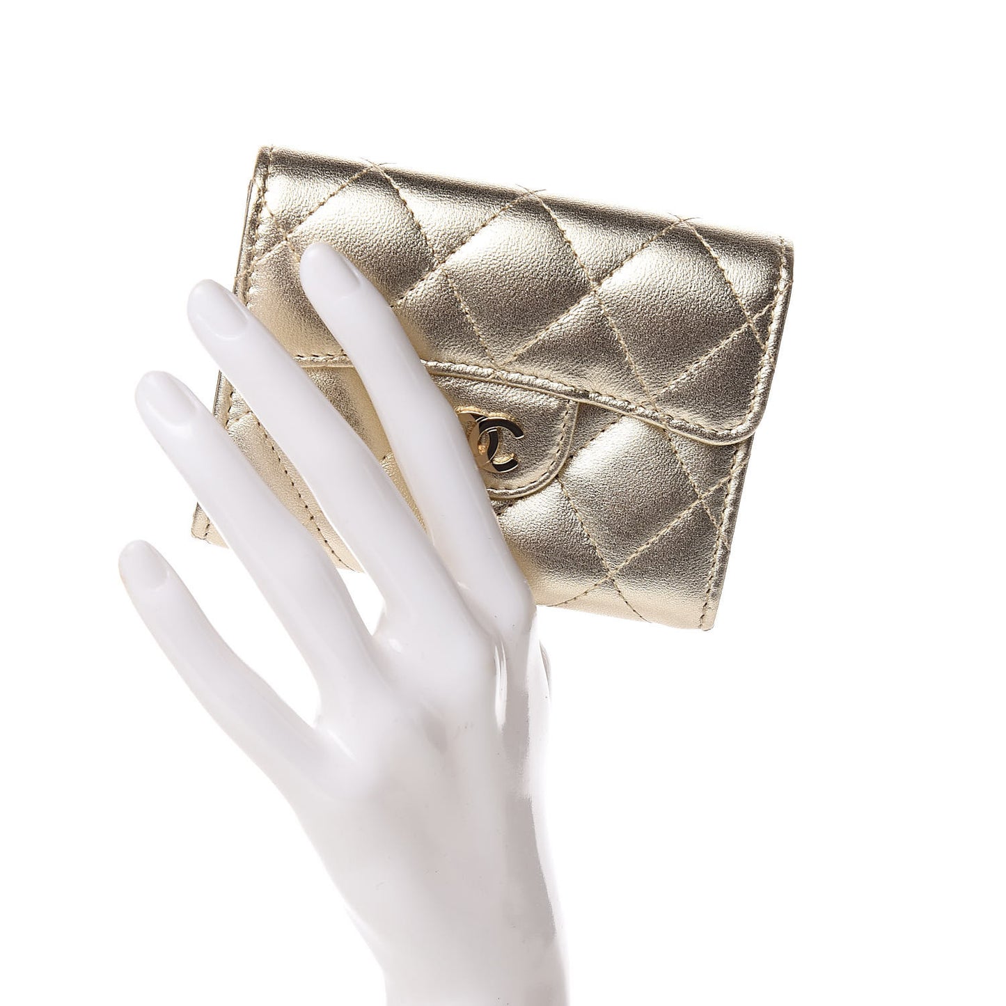 Metallic Lambskin Quilted Flap Card Holder Wallet Light Gold
