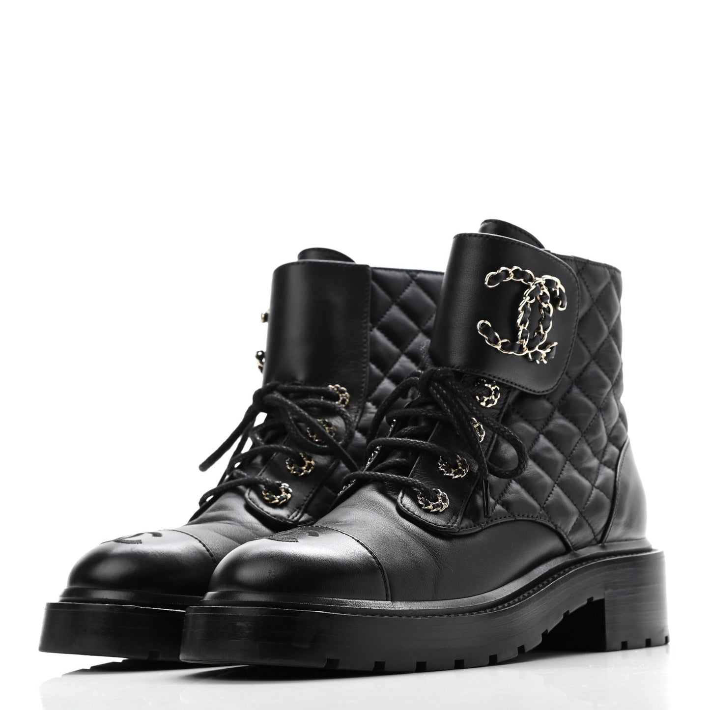 Shiny Lambskin Quilted Lace Up Combat Boots 36.5 Black