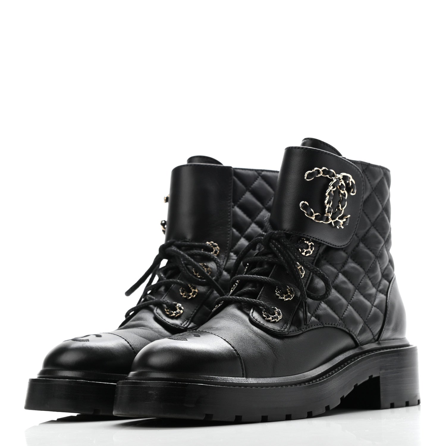 Chanel Shiny Lambskin Quilted Lace Up Combat Boots 36.5 Black 3 of 9