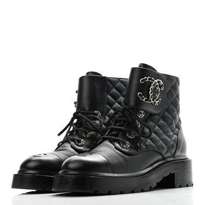 Chanel Shiny Lambskin Quilted Lace Up Combat Boots 36.5 Black 3 of 9