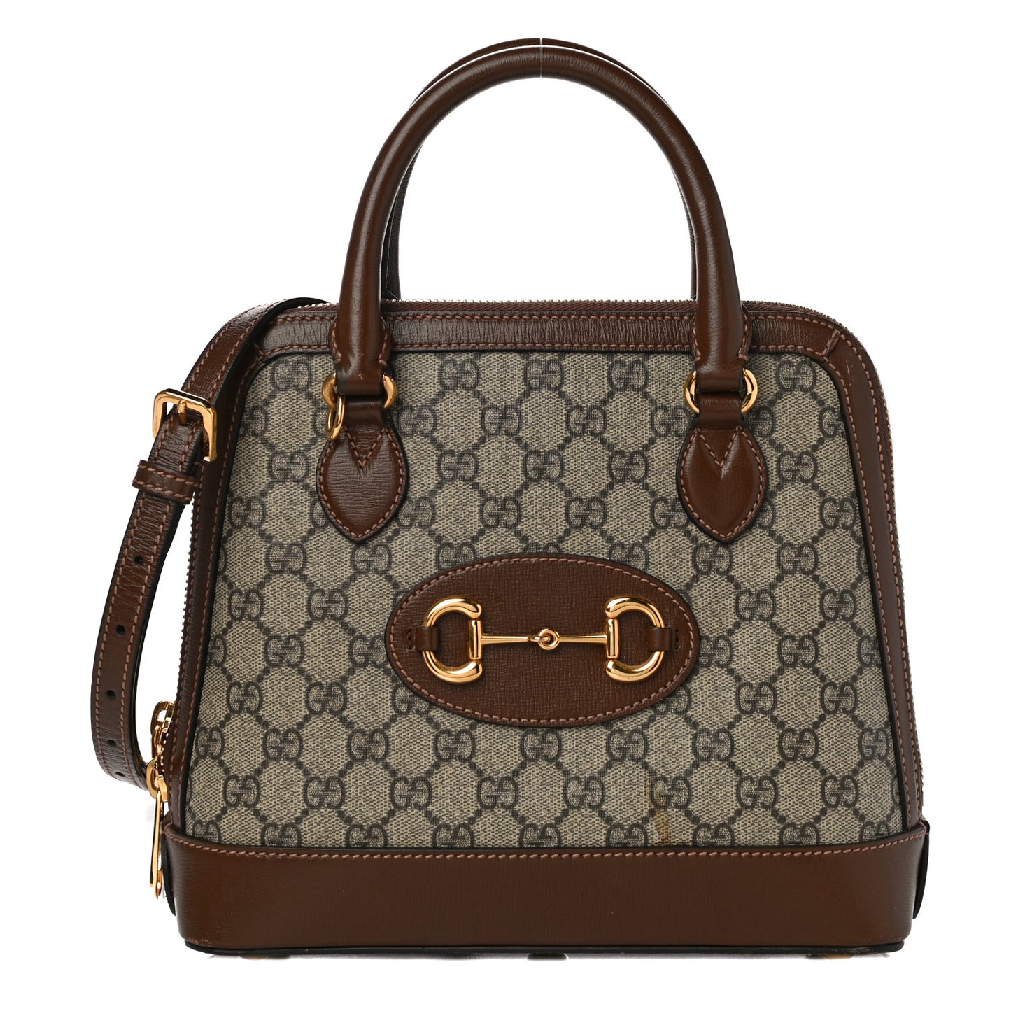 GG Supreme Monogram Azalea Calfskin Small Horsebit 1955 Top Handle Bag Beige Ebony Brown Sugar