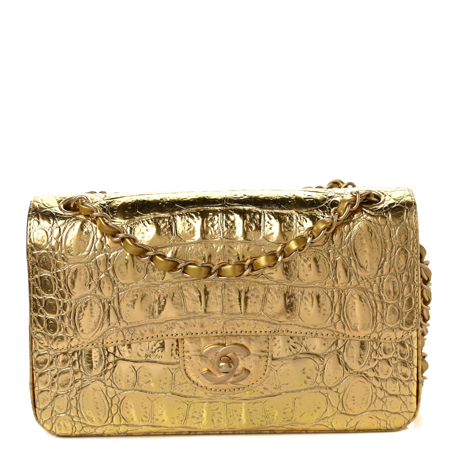 Chanel Metallic Calfskin Crocodile Embossed Cocodile Small Double Flap Gold 1 of 8
