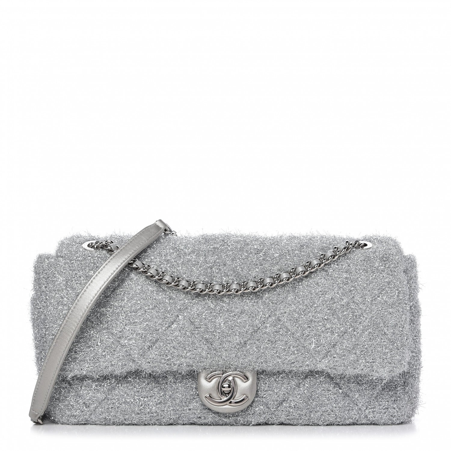 Chanel Lurex Knit Large Pluto Glitter Flap Silver 1 of 10