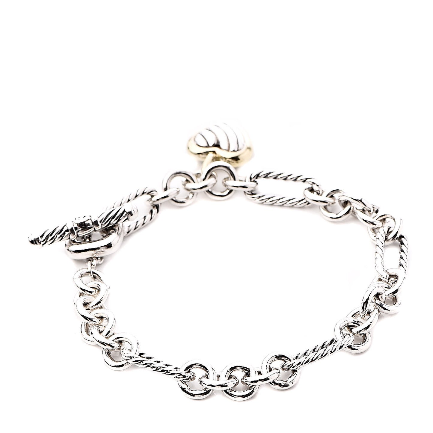 Sterling Silver 18K Yellow Gold Cable Heart Charm Bracelet