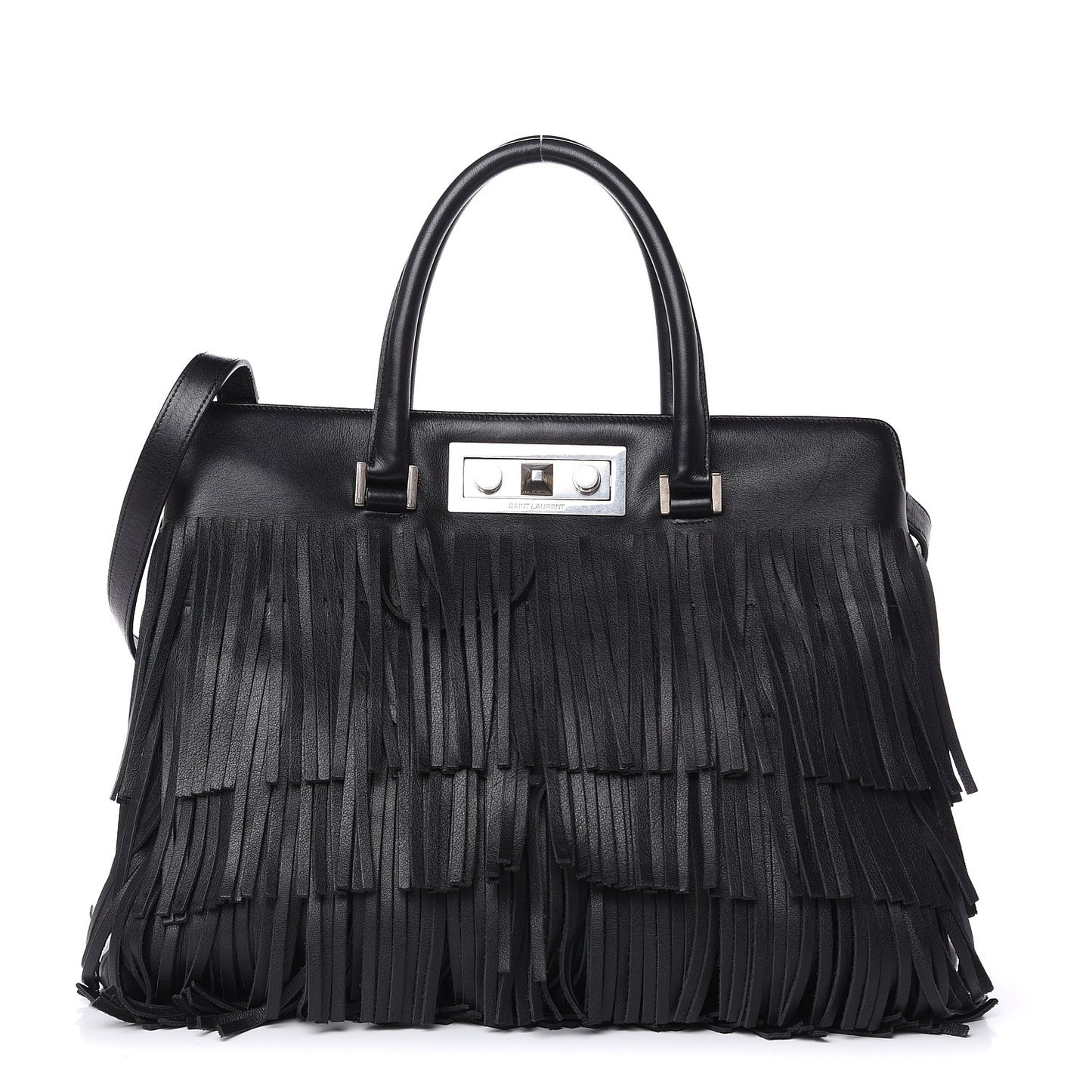 Calfskin Fringe Medium Trois Clous Tote Black