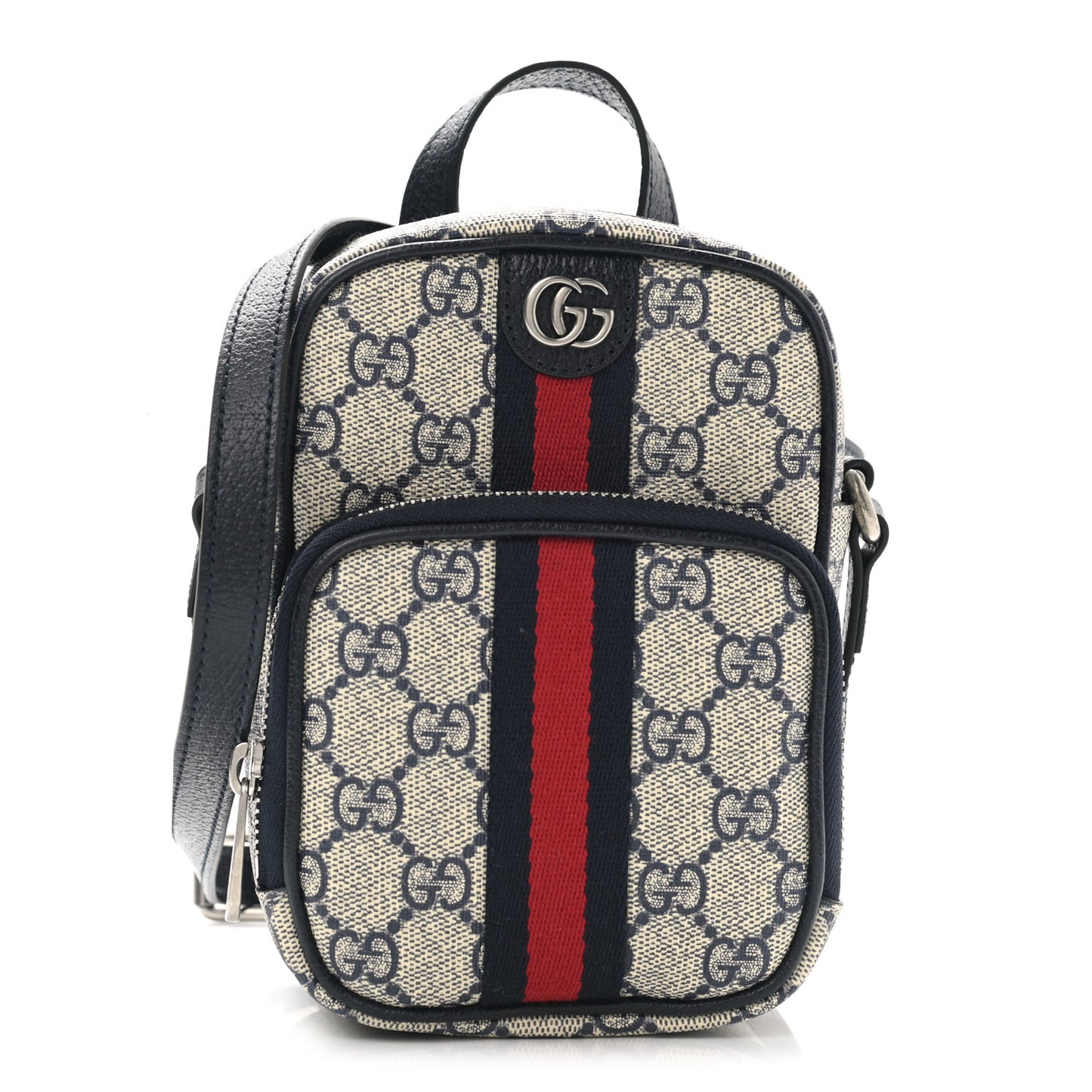 GG Supreme Monogram Textured Dollar Calfskin Web Mini Ophidia Double Zip Messenger Bag Beige Blue