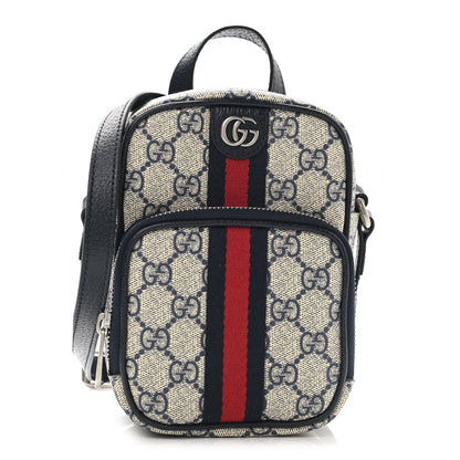 Gucci GG Supreme Monogram Textured Dollar Calfskin Web Mini Ophidia Double Zip Messenger Bag Beige Blue 1 of 8