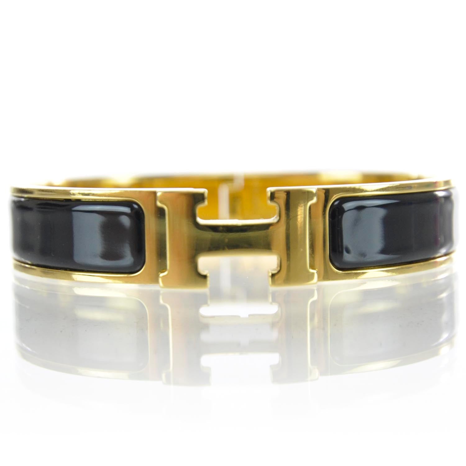 Hermes Enamel Narrow Clic Clac H Bracelet Black Gold 1 of 7