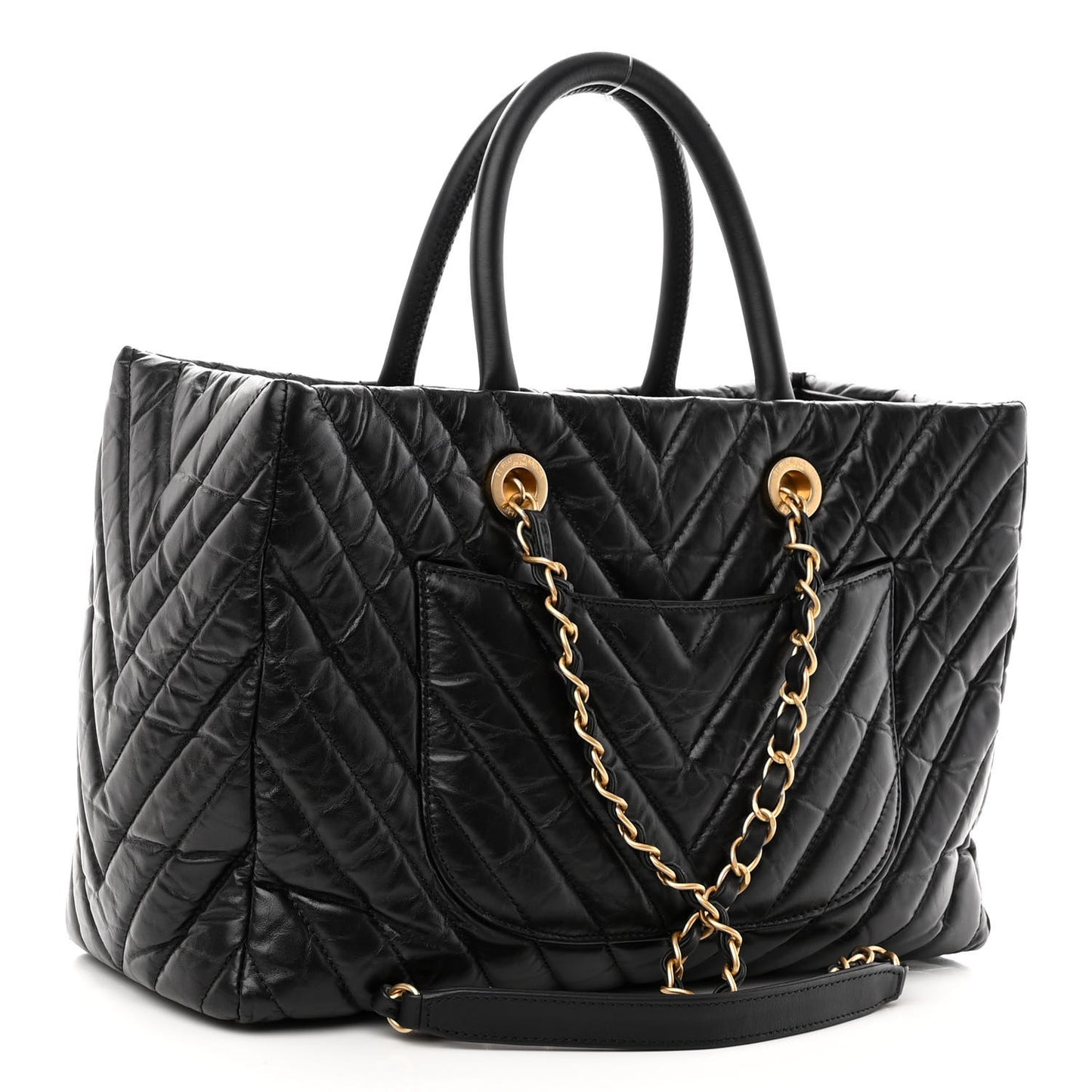 Aged Calfskin Chevron Coco Handle Shopping Tote Black