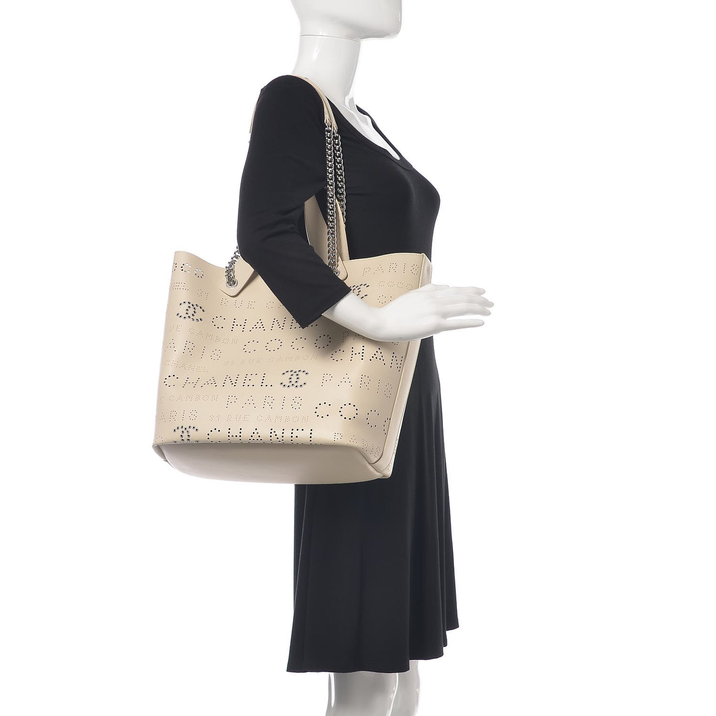Calfskin Tweed Small Logo Eyelets Shopping Tote Beige