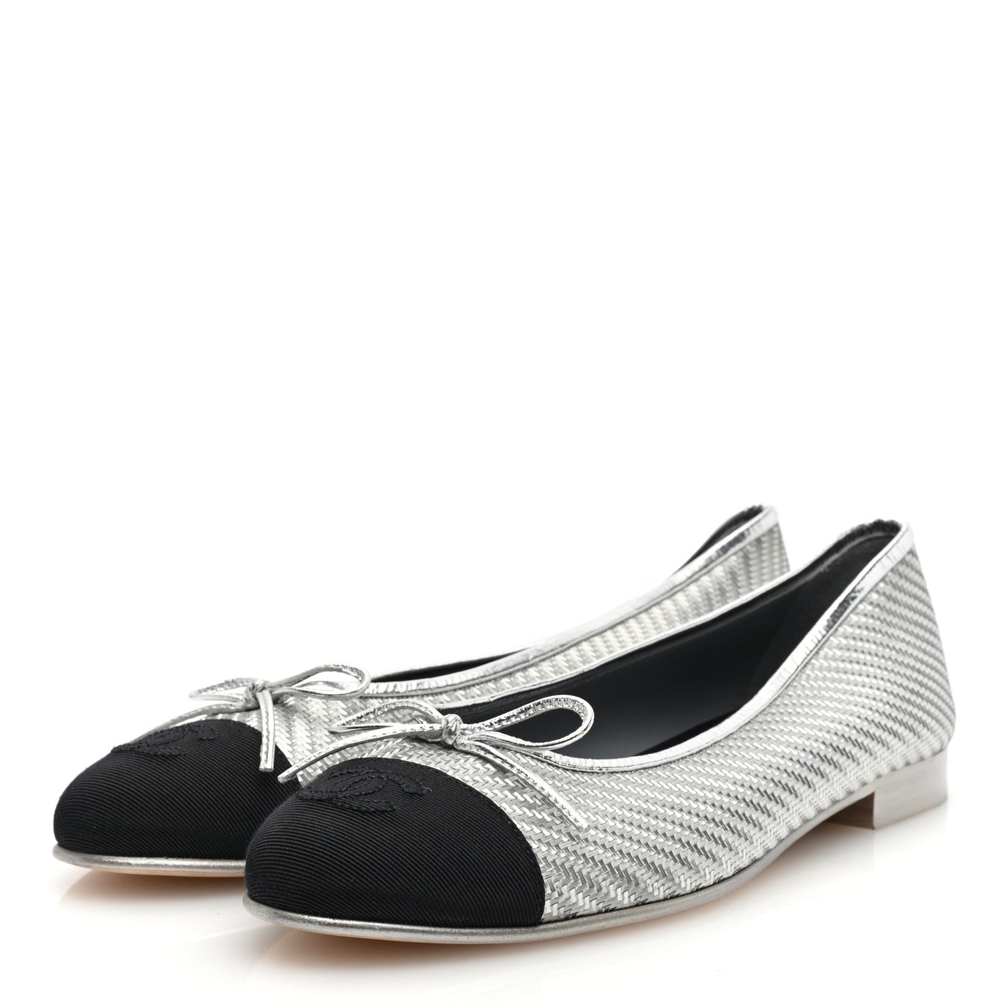 Metallic PVC Grosgrain Cap Toe Ballerina Flats 40 Silver Black