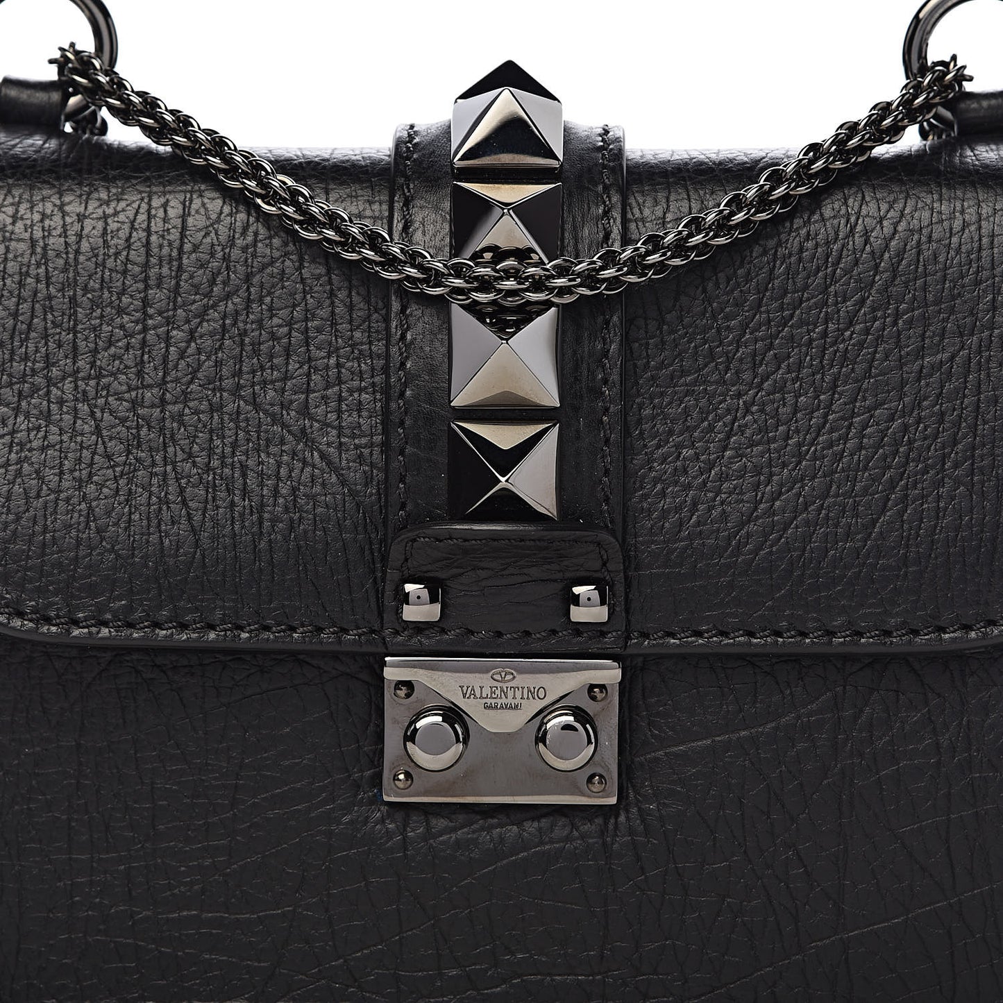 Pebbled Calfskin Small Glam Lock Rockstud Flap Black