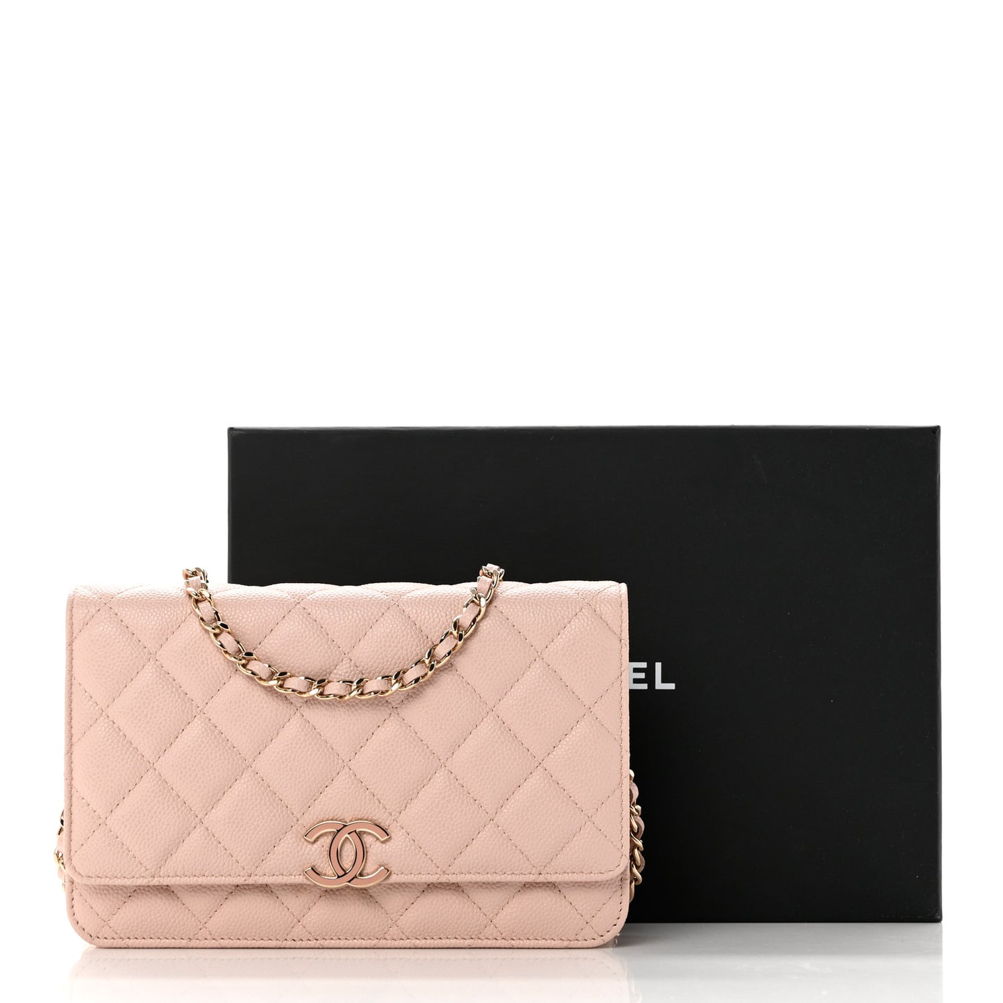 Caviar Quilted Enamel Wallet on Chain WOC Light Pink