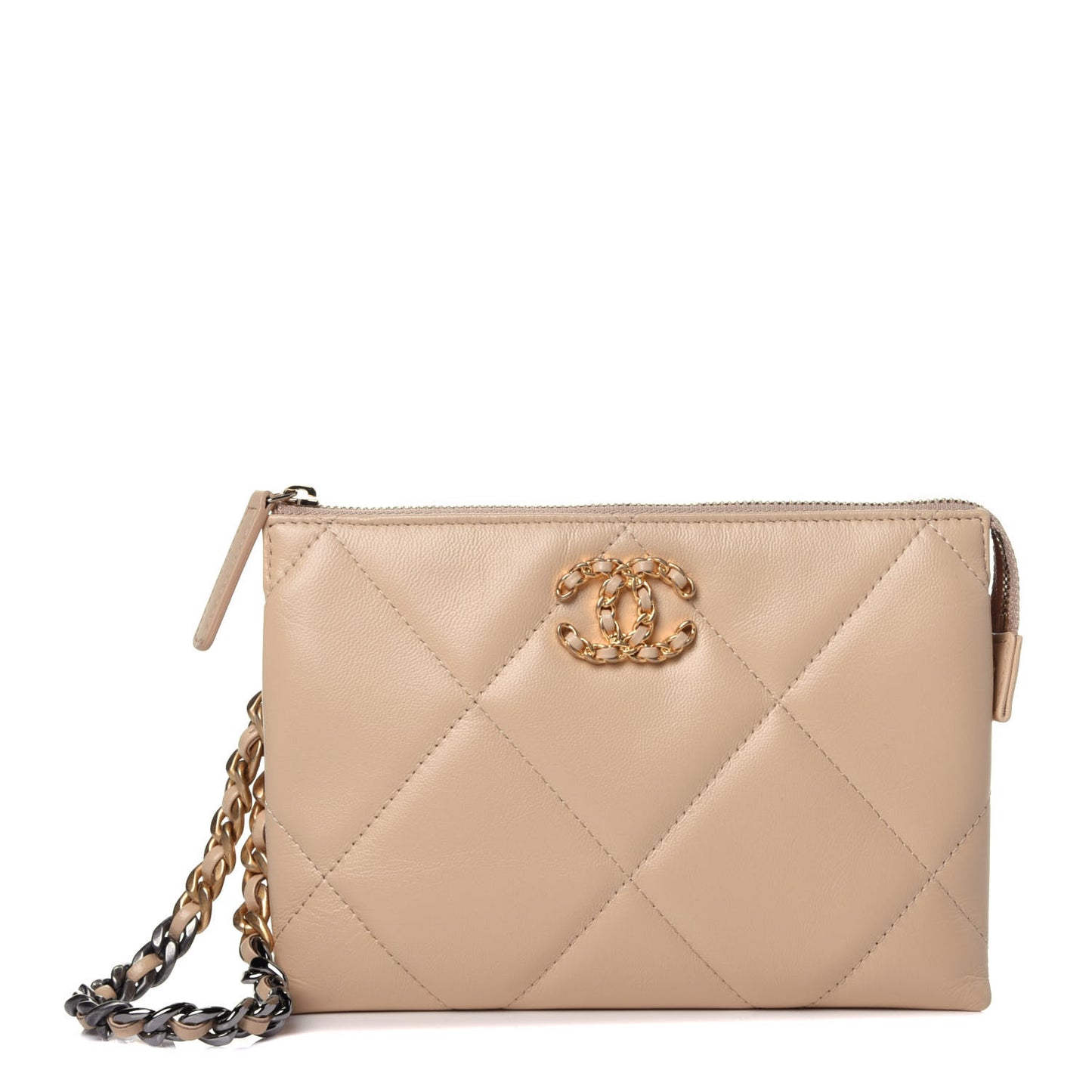 Shiny Goatskin Quilted Chanel 19 Small Pouch With Handle Beige