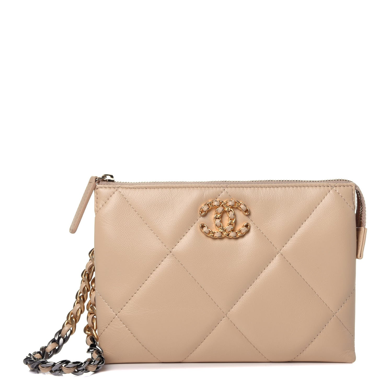 Chanel Shiny Goatskin Quilted Chanel 19 Small Pouch With Handle Beige 1 of 12
