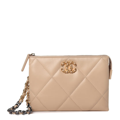 Chanel Shiny Goatskin Quilted Chanel 19 Small Pouch With Handle Beige 1 of 12