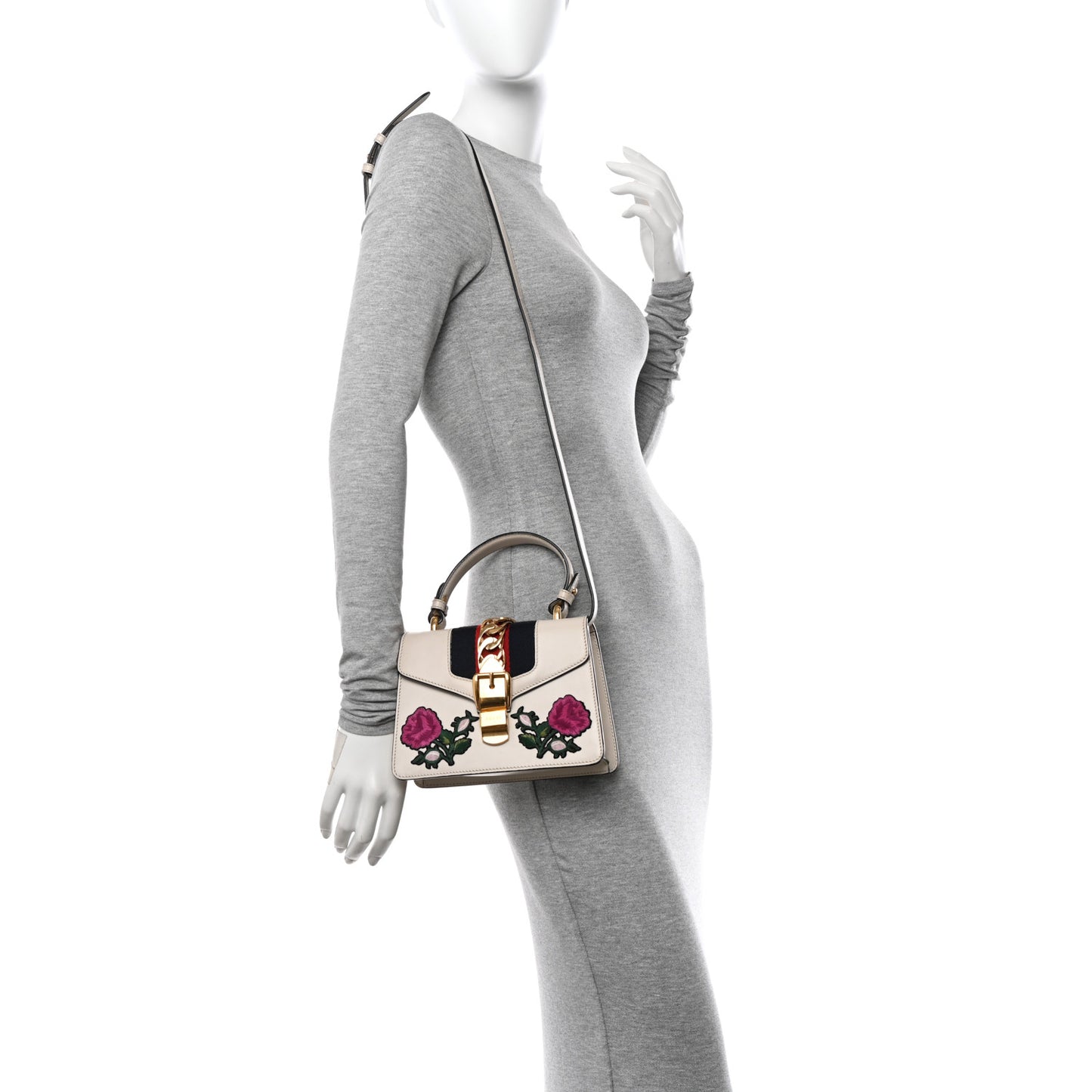 Calfskin Embroidered Mini Sylvie Top Handle Bag White