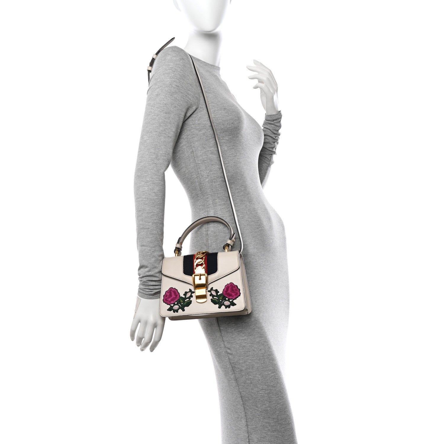 Gucci Calfskin Embroidered Mini Sylvie Top Handle Bag White 2 of 10