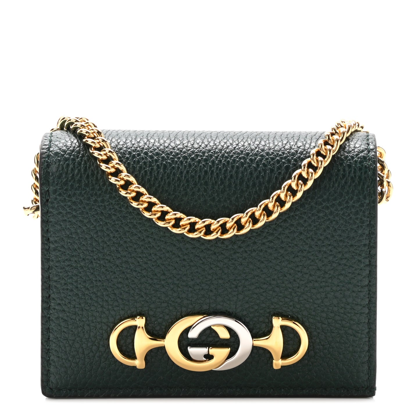Grainy Calfskin Zumi Chain Card Case Wallet Vintage Green