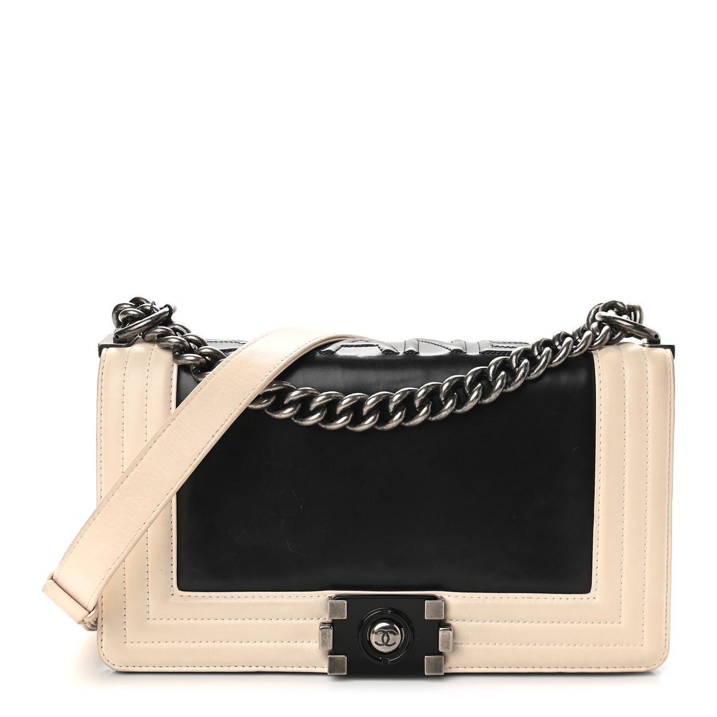 Glazed Calfskin Medium Boy Flap Black White
