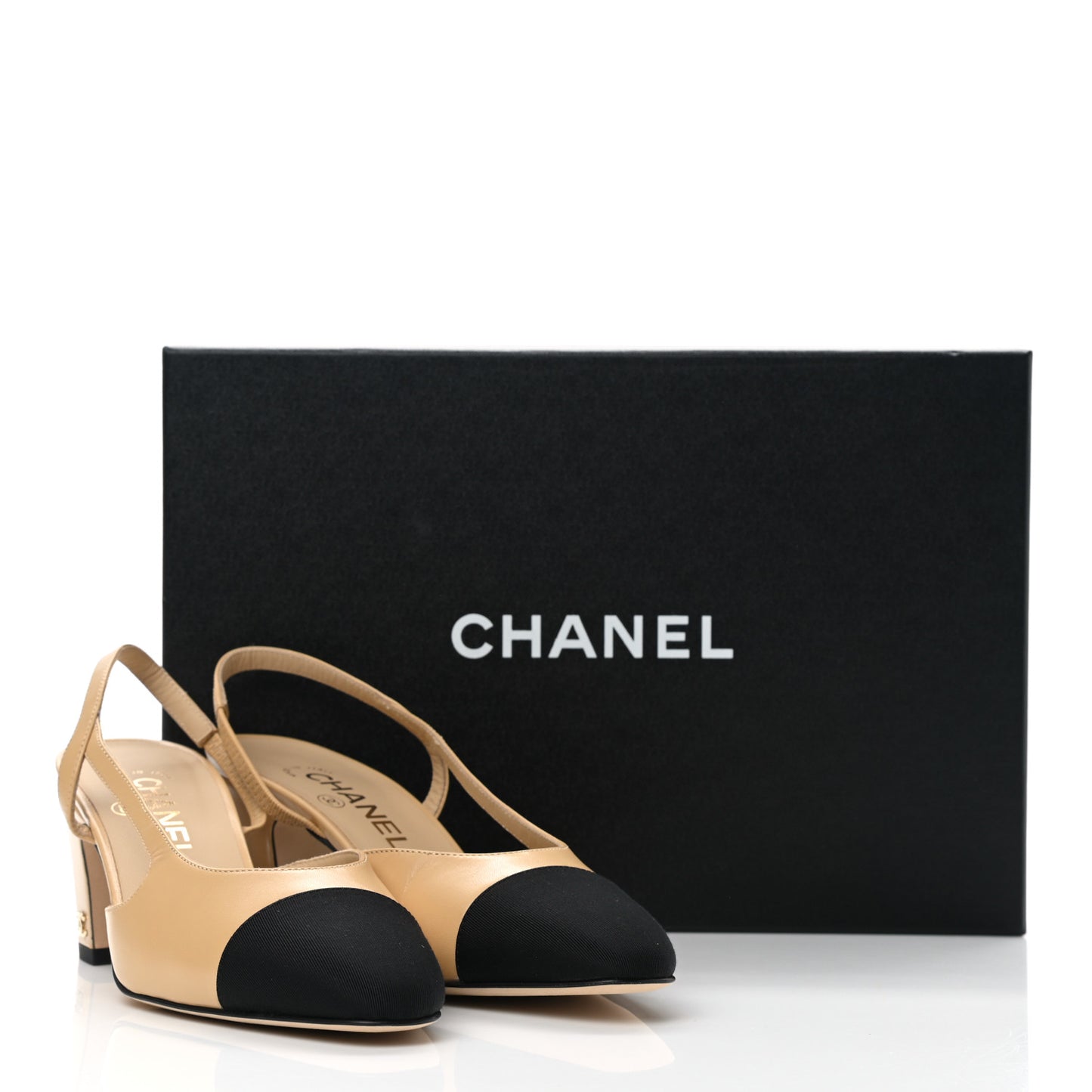 Goatskin Grosgrain Cap Toe CC Slingback Pumps 37.5 Beige Black