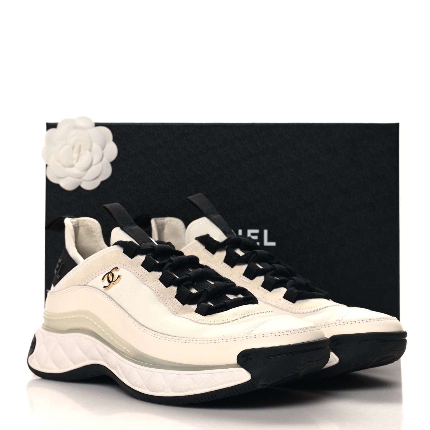 Chanel Velvet Calfskin Mixed Fibers CC Sneakers 37.5 Ivory Black 12 of 12