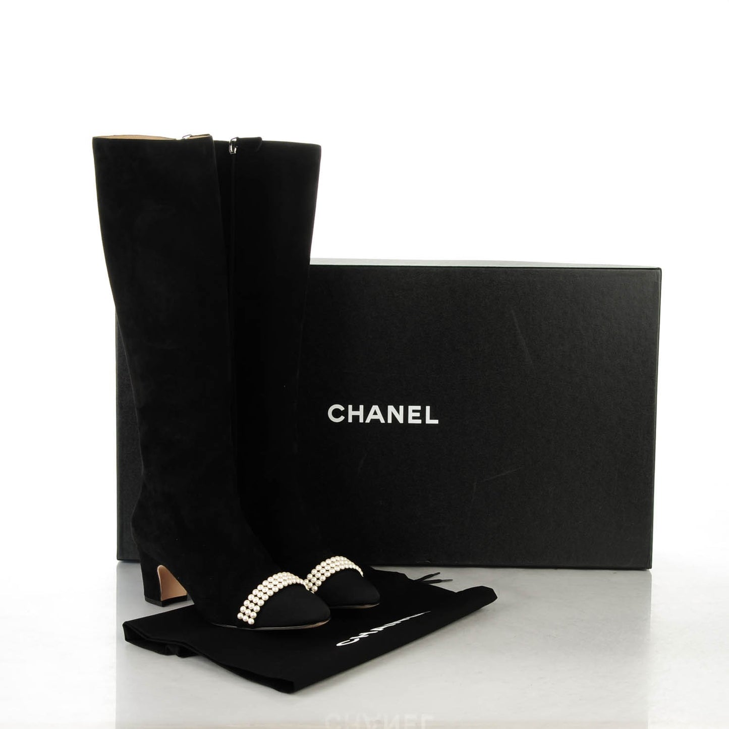 Suede Grosgrain Pearl CC Cap Toe High Boots 37 Black
