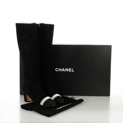 Chanel Suede Grosgrain Pearl CC Cap Toe High Boots 37 Black 7 of 7
